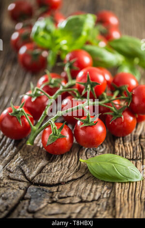Fresh bunch of ripe tomatoes with basil leaves on old oak table Stock Photo