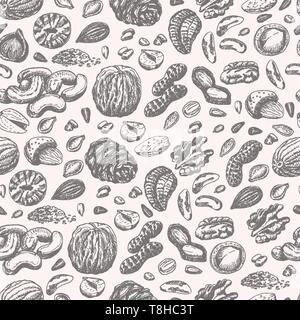 Seamless pattern with seeds and nuts on a white background. Vector  illustration for your design Stock Vector