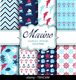 Big collection of seamless patterns with marine elements. Vector  illustration for your design Stock Vector