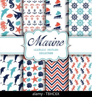 Big collection of seamless patterns with marine elements. Vector  illustration for your design Stock Vector