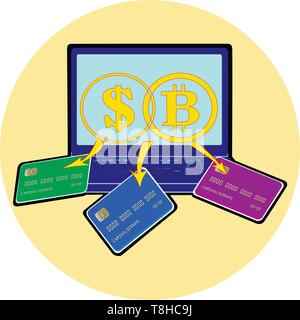 Flat drawing of the laptop . The dollar and the concept of income on the Internet. Dollar coin . Working at a computer on the Internet. Vector Stock Vector