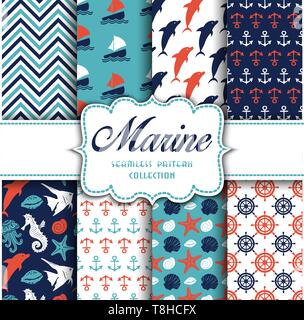 Big collection of seamless patterns with marine elements. Vector  illustration for your design Stock Vector