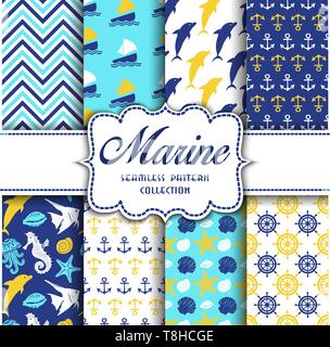 Big collection of seamless patterns with marine elements. Vector  illustration for your design Stock Vector