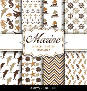 Big collection of seamless patterns with marine elements. Vector  illustration for your design Stock Vector