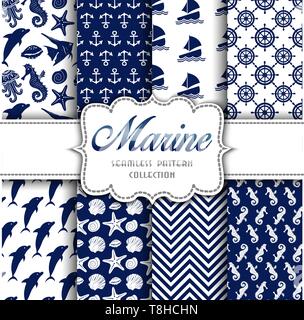 Big collection of seamless patterns with marine elements. Vector  illustration for your design Stock Vector