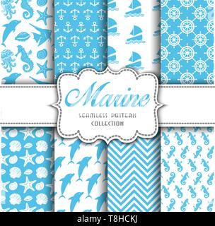 Big collection of seamless patterns with marine elements. Vector  illustration for your design Stock Vector