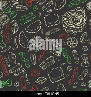 Seamless pattern with Italian pasta on dark background. Vector illustration for your design Stock Vector