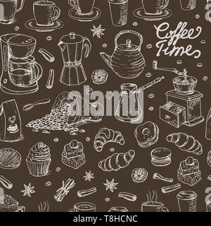 Seamless pattern with coffee elements on brown background. Vector illustration for your design Stock Vector