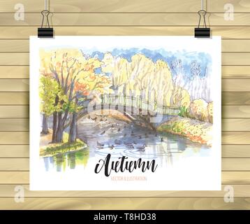 Bridge drawing. Bridge over river graphic in markers Stock Vector