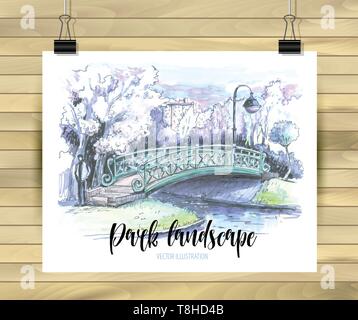 Bridge drawing. Bridge over river graphic in markers. Stock Vector