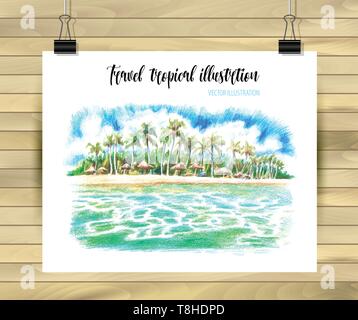 Beautiful hand drawn vacation poster with seaside view and beach, vector illustration, sketch. Stock Vector