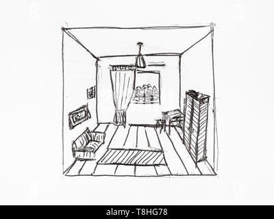 convergence of perspective lines in appartment room hand-drawn by black ink on white paper Stock Photo