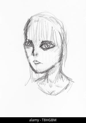 sketch of head of girl with large eyes hand-drawn by black pencil on white paper Stock Photo