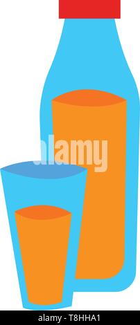 A blue bottle filled with orange juice with a red cap next to a glass filled with orange juice, vector, color drawing or illustration. Stock Vector