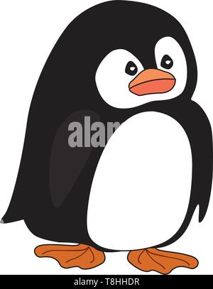 A sad little penguin with big orange feet and an orange beak, vector, color drawing or illustration. Stock Vector