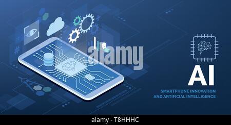 Smartphones and AI: innovative smartphone with futuristic artificial intelligence processor and augmented reality app Stock Vector