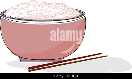 A pink bowl filled with rice and chopsticks beside it, vector, color drawing or illustration. Stock Vector