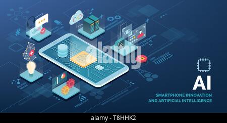 Innovative smartphone with AI applications vector infographic: virtual assistant, performance optimization, user authentication, productivity, decisio Stock Vector