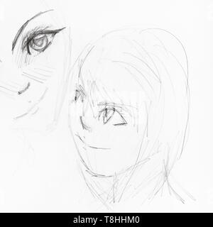 sketches of girl's faces in anime style hand-drawn by black pencil on white paper Stock Photo