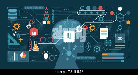 Artificial intelligence connected to a network of icons: problem solving, decision making and productivity concept Stock Vector