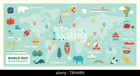 World map with travel routes, destinations and landmarks from all continents: vacations and traveling concept Stock Vector