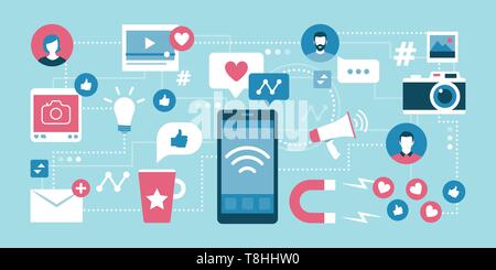 Social network management and communication: smartphone and network of social media icons and concept Stock Vector