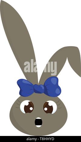 A cute little rabbit with cute eyes and a blue bow, vector, color drawing or illustration. Stock Vector