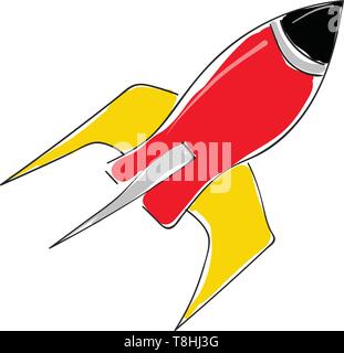 Red Rockets Or Shell Drawing A red rocket ship with yellow fins and flames coming out, vector, color ...