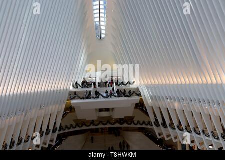 New York, NY, USA. 13th. May, 2019. FILE PHOTO. The Oculus, a soaring $4 billion Santiago Calatrava-designed bird-like transit-hub at the World Trade Center site which opened on March 3, 2016, has a rip in the rubber seal located along the spine of the retractable roof which cost $32 million. The Port Authority speculates it likely ripped in the fall of 2018, when it opened and closed in commemoration of the September 11th attacks and tried to plug the leaks with tens of thousands of dollars' worth of Flex Tape - but ripped again last week, according to a statement from the facility operators. Stock Photo