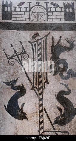 Ancient mosaic of marine figures on a floor of a rich house in Pompeii. Stock Photo