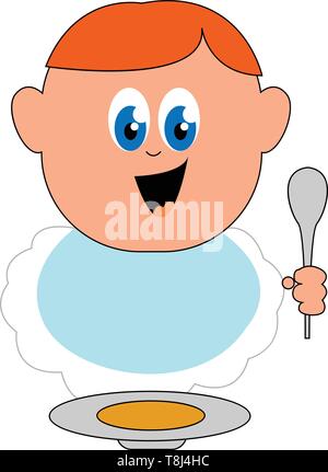 A small cute baby boy eating from a bowl in a spoon , vector, color drawing or illustration. Stock Vector