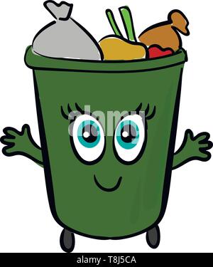A green big garbage which is filled with waste , vector, color drawing or illustration. Stock Vector
