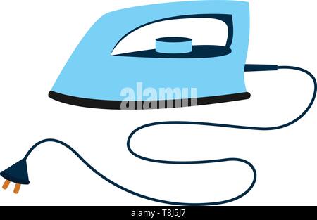 A blue iron box with its wire to plug on the socket for electric power, vector, color drawing or illustration. Stock Vector
