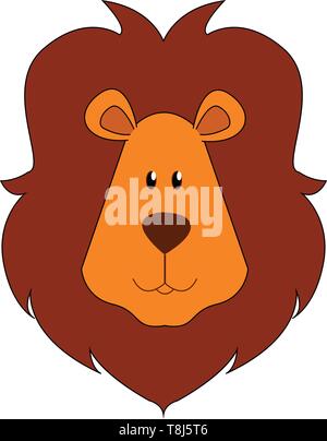 A face of a brown lion with a short, rounded head, oval-shaped ears, and dark-brown mane covering the head and with eyes rolled up looks mighty, vecto Stock Vector