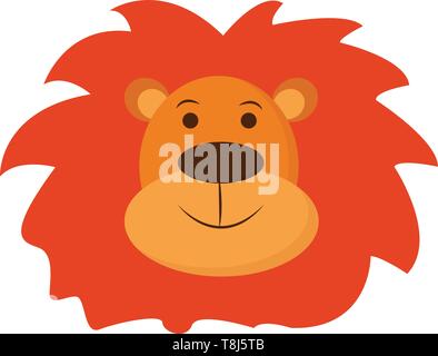 A face of a brown lion with a short, rounded head and ears, orange mane covering the head, oval-shaped black nose, is smiling , vector, color drawing  Stock Vector