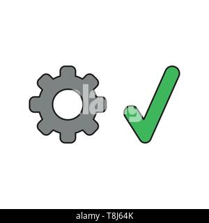 Vector icon concept of grey gear with green check mark. Black outlines and colored. Stock Vector