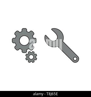 Vector illustration icon concept of grey gears with spanner. Black outlines and colored. Stock Vector