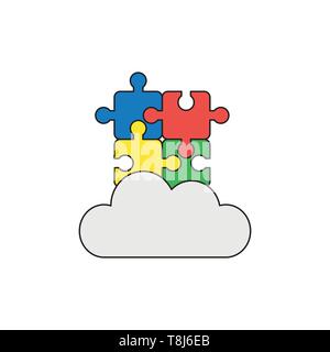 Vector icon concept of four connected jigsaw puzzle pieces on cloud. Black outlines and colored. Stock Vector