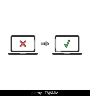 Vector icon concept of laptop computer with x mark and check mark. Black outlines and colored. Stock Vector
