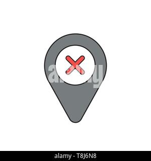 Vector icon concept of x mark inside map pointer. Black outlines and colored. Stock Vector