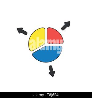 Vector icon concept of three parts of diagram pie and arrows. Black outlines and colored. Stock Vector