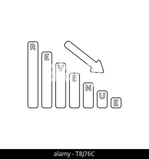 Vector icon concept of revenue sales bar graph down. Black outlines. Stock Vector