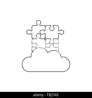 Vector icon concept of four connected puzzle pieces on cloud. Black outlines. Stock Vector