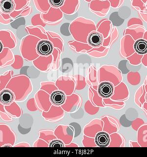 Pink Anemone Flower Design Pattern on Grey Background and Confetti. Beauty in Nature Stock Vector