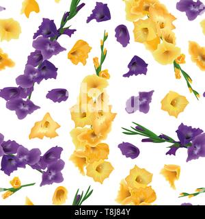 Gladioluses seamless vector pattern isolated, sword lily flowers. Branches and flowers. Yellow, purple, violet. Floral realistic Stock Vector