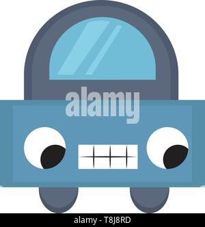 Cartoon picture of a cute car-robot has two eyes rolled bottom-left, and mesh-like teeth look adorable over white background viewed from the front, ve Stock Vector