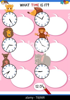 Cartoon Illustrations of Telling Time Educational Activity with Clock Face and Animals for Kids Stock Vector