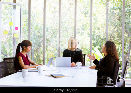 Attractive middle aged diverse business women discussing work tasks in light modern office Stock Photo