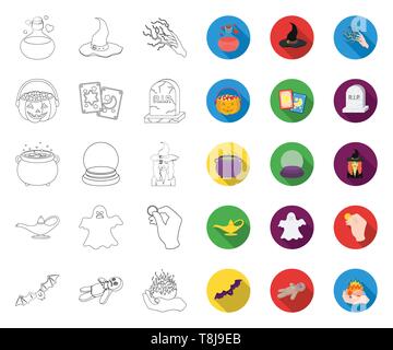 outline,flat and white magic outline,flat icons in set collection for design. Attributes and sorceress accessories vector symbol stock  illustration. Stock Vector