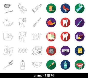 Dental care outline,flat icons in set collection for design. Care of teeth vector symbol stock  illustration. Stock Vector